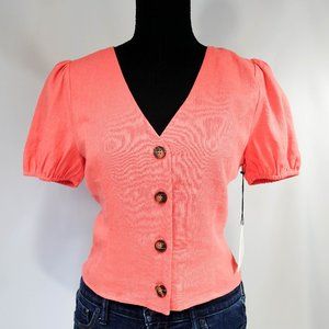 LOST + WONDER coral puff short sleeve button top